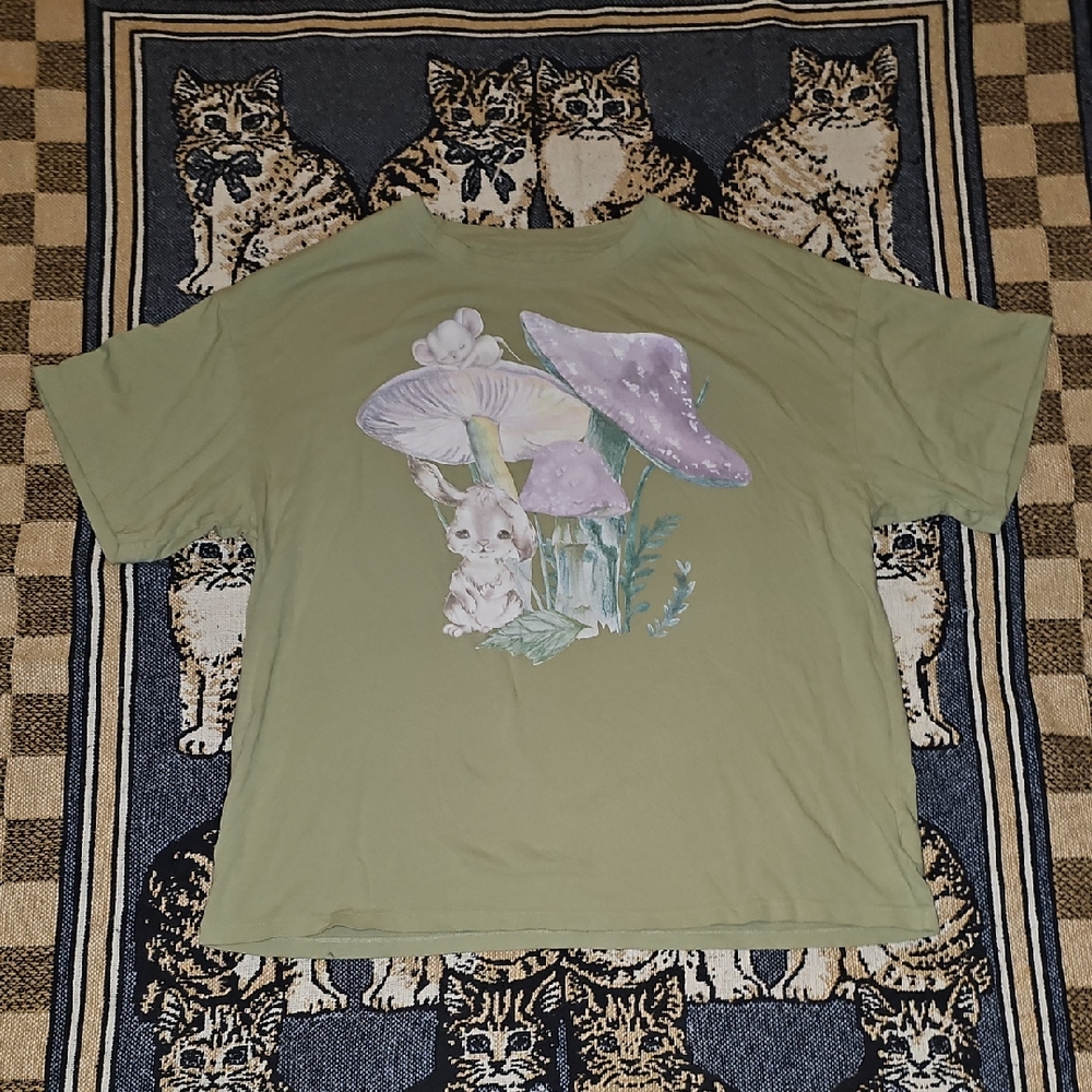 Outlaw Green T-Shirt with Mushroom and Bunny & Mouse Graphic Print Cotton